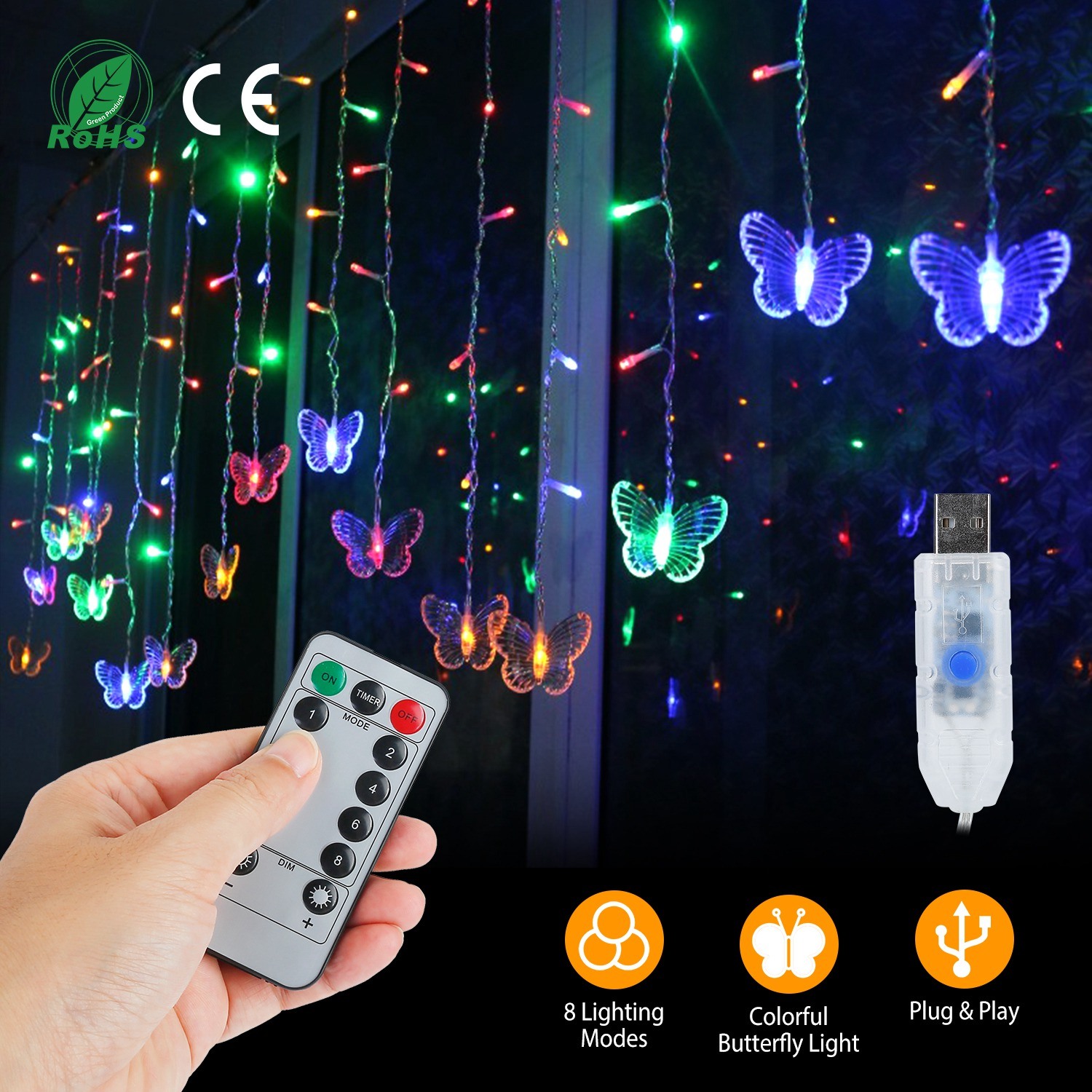 Butterfly Curtain String Lights USB Powered Colorful LED Fairy Lamps w/8 Modes